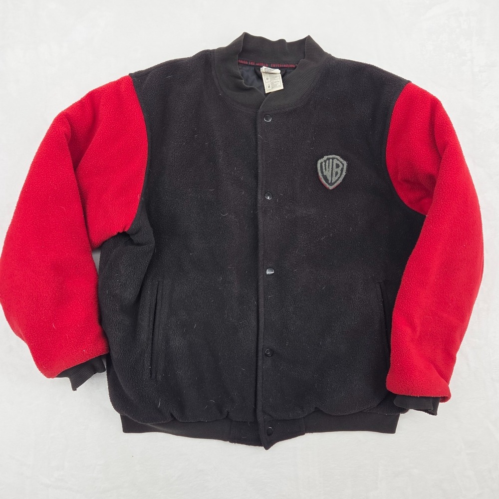 VTG y2k Warner Bros Fleece Bomber Jacket Size Med Back Hit Logo 2000 See Pics